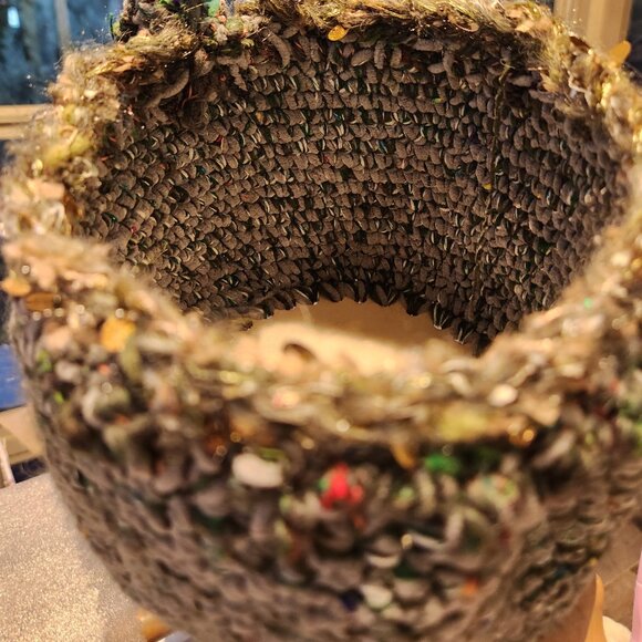 Basket, handmade, crocheted on wood base, with fringe and shines on the top.7in - Picture 2 of 4